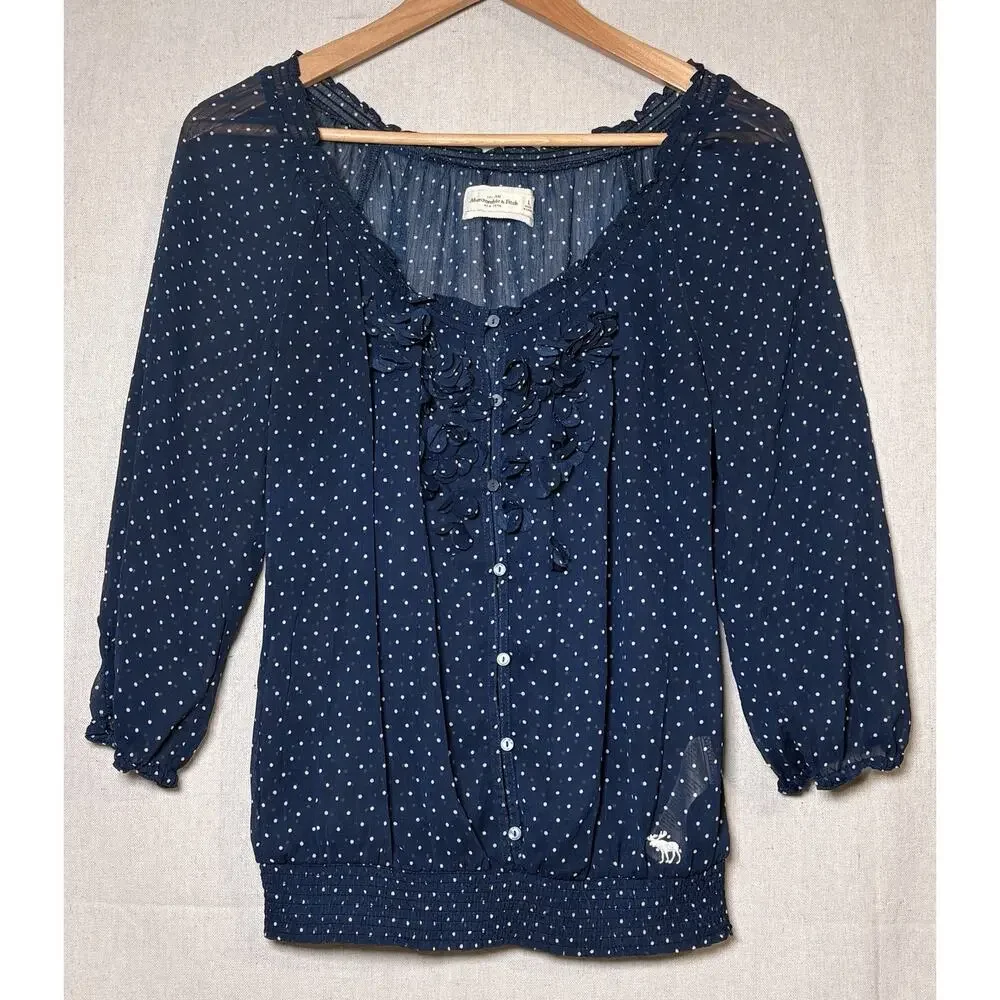 Abercrombie & Fitch Polka Dot Blouse Navy Blue Boho Smocking Puff Sleeve Sheer L
